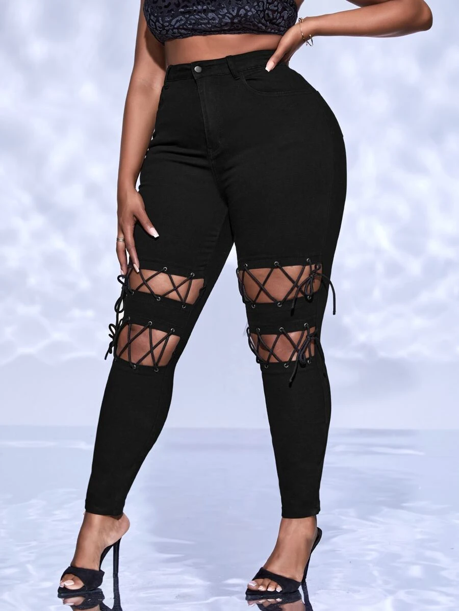 SHEIN SXY Plus Lace Up Front Skinny Jeans - Black - View 1