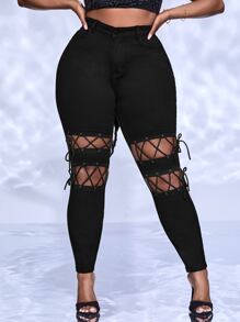 SHEIN SXY Plus Lace Up Front Skinny Jeans - Black - View 3