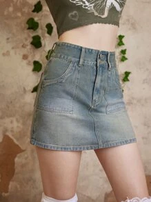 ROMWE Fairycore 双口袋水洗牛仔裙，学校风 - 中等水洗藍 - 查看 3