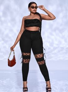 SHEIN SXY Plus Lace Up Front Skinny Jeans - Black - View 4