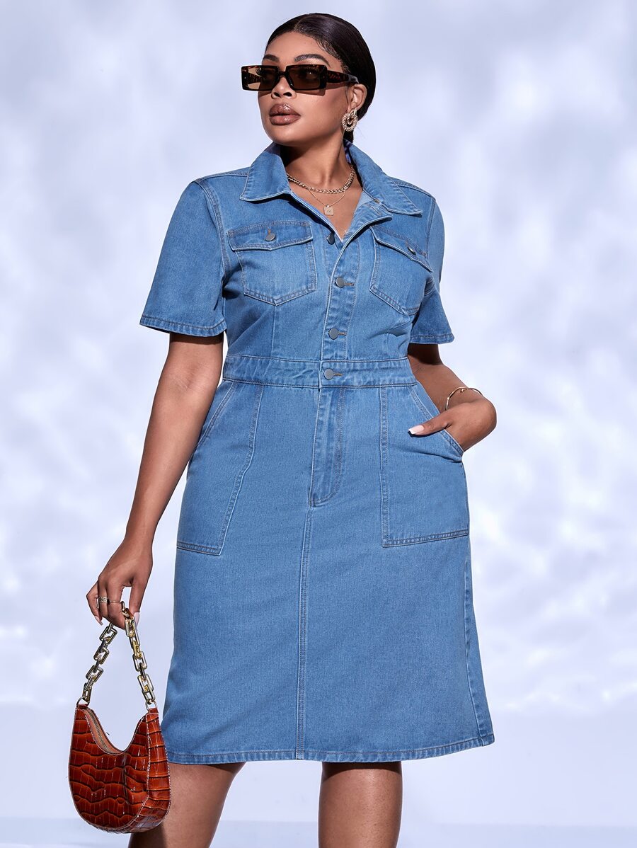 SHEIN SXY Plus Flap Pocket Half Button Denim Dress - Light Wash - View 1