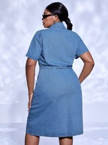 SHEIN SXY Plus Flap Pocket Half Button Denim Dress - Light Wash - View 2