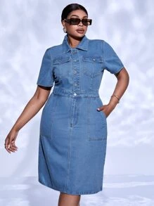 SHEIN SXY Plus Flap Pocket Half Button Denim Dress - Light Wash - View 4