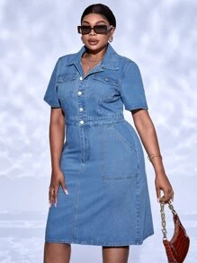 SHEIN SXY Plus Flap Pocket Half Button Denim Dress - Light Wash - View 5