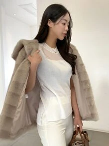 DAZY Solid Round Neck Knit Top - Beige - View 2