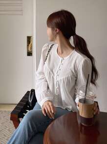 DAZY 純色鈕扣前蓬蓬袖上衣 - 白色 - 查看 2