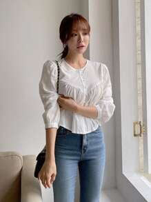 DAZY 純色鈕扣前蓬蓬袖上衣 - 白色 - 查看 4