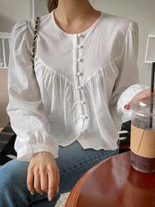 DAZY 純色鈕扣前蓬蓬袖上衣 - 白色 - 查看 5