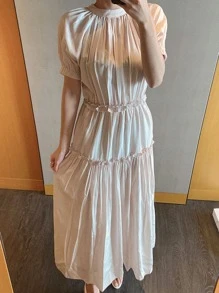 DAZY Solid Frill Trim Ruffle Hem Dress - Apricot - View 4