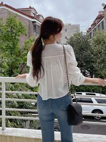 DAZY 純色鈕扣前蓬蓬袖上衣 - 白色 - 查看 6