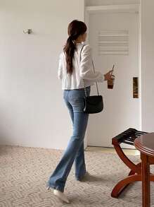 DAZY 純色鈕扣前蓬蓬袖上衣 - 白色 - 查看 7