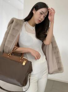 DAZY Solid Round Neck Knit Top - Beige - View 7