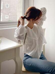 DAZY 純色鈕扣前蓬蓬袖上衣 - 白色 - 查看 9