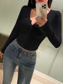 DAZY Solid Button Front Crop Tee,Fall Clothes Preppy Tops Long Sleeve Women Tops - Black - View 4