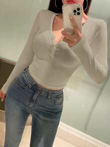 DAZY Solid Button Front Crop Tee Fall Tops - Apricot - View 4