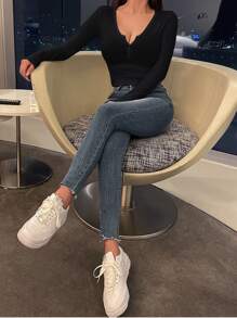 DAZY Solid Button Front Crop Tee,Fall Clothes Preppy Tops Long Sleeve Women Tops - Black - View 5