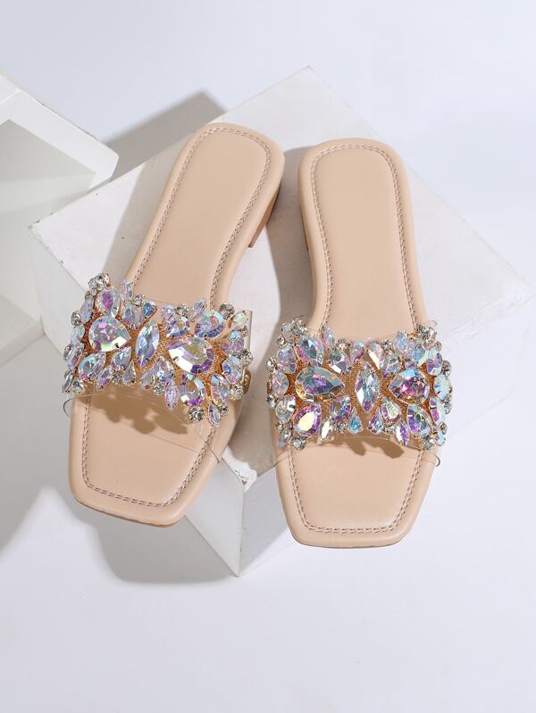 Women Rhinestone Decor Clear Strap Slide Sandals, Glass Fashionable