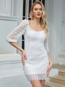 Eilly Bazar Đầm Tương phản ren Dây kéo màu trơn Thanh lịch - trắng - Xem 4