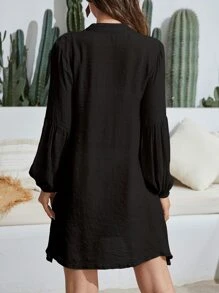 素色前紐扣長款和服罩衫 - 黑色 - 查看 2