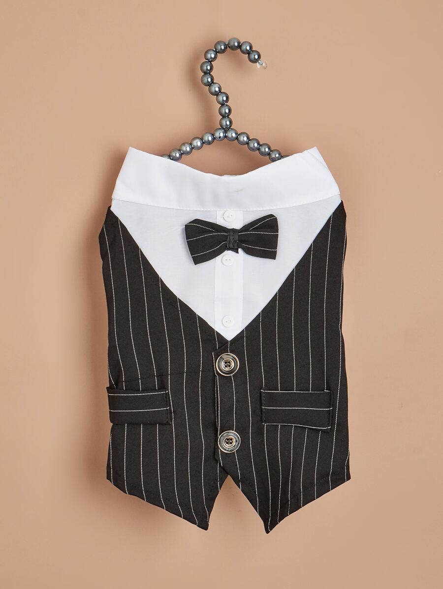1pc Striped Print Bow Decor Pet Shirt - Black - View 1
