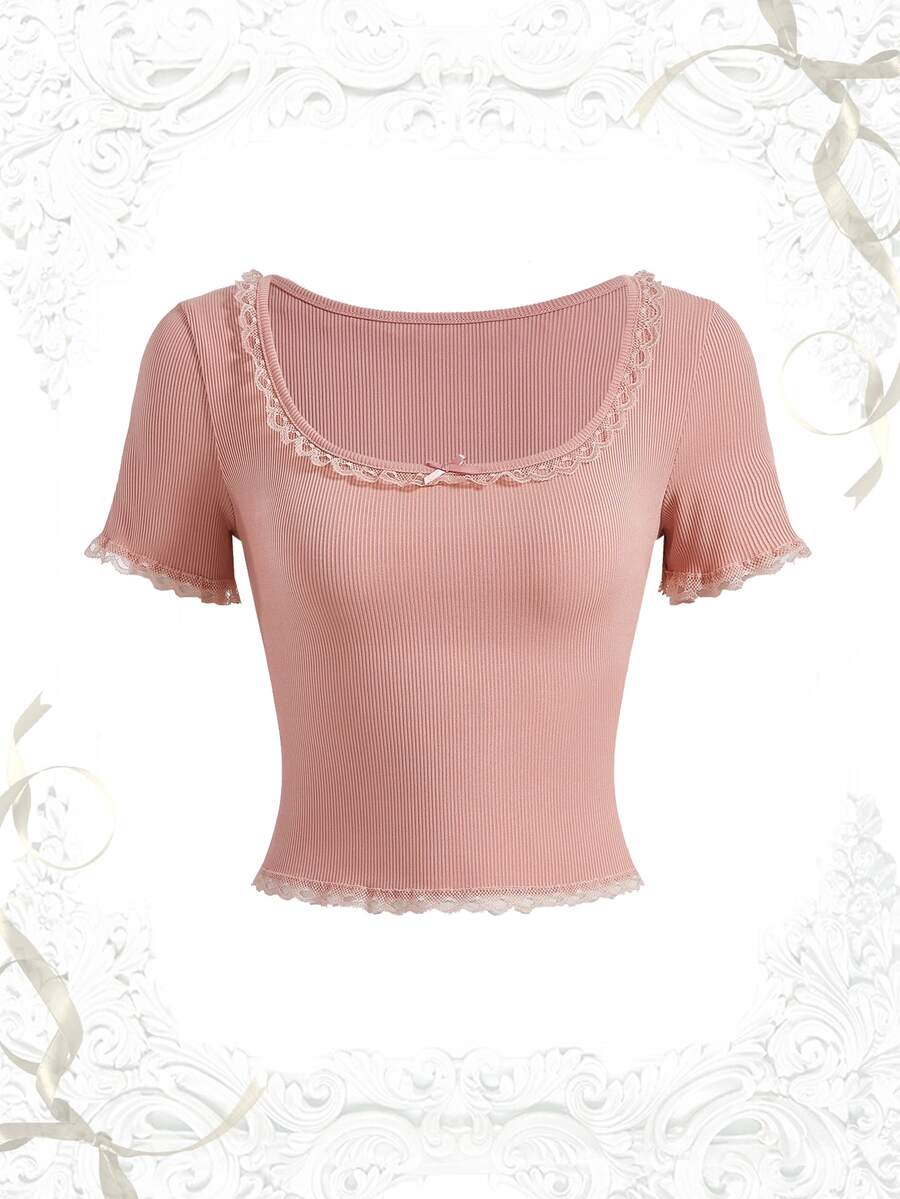 ROMWE Kawaii 蕾絲飾邊蝴蝶結前襟 T-shirt 早午餐穿搭 灰粉色 夏季 性感甜美風 - 藕粉色 - 查看 1