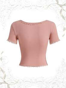 ROMWE Kawaii 蕾絲飾邊蝴蝶結前襟 T-shirt 早午餐穿搭 灰粉色 夏季 性感甜美風 - 藕粉色 - 查看 2