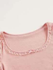 ROMWE Kawaii 蕾絲飾邊蝴蝶結前襟 T-shirt 早午餐穿搭 灰粉色 夏季 性感甜美風 - 藕粉色 - 查看 3
