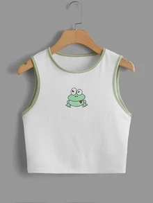 ROMWE Kawaii 白色與綠色對比包邊背心上衣，校園夏季可愛休閒風 - 白色 - 查看 1