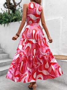 SHEIN VCAY Vestido halter con estampado bajo con fruncido con cinturón - Rosa - Ver 2