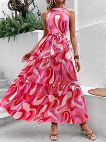 SHEIN VCAY Vestido halter con estampado bajo con fruncido con cinturón - Rosa - Ver 3