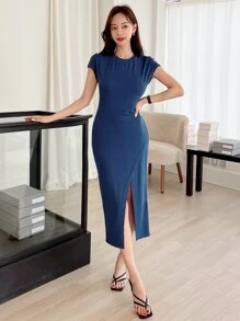 DAZY Solid Split Thigh Dress - Teal Blue - View 4