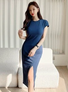 DAZY Solid Split Thigh Dress - Teal Blue - View 7