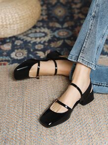 女士方頭粗跟瑪麗珍淺口皮鞋,優雅戶外黑色高跟鞋 - 黑色 - 查看 1