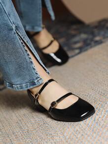 女士方頭粗跟瑪麗珍淺口皮鞋,優雅戶外黑色高跟鞋 - 黑色 - 查看 4