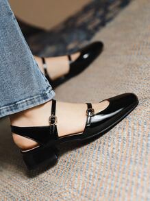 女士方頭粗跟瑪麗珍淺口皮鞋,優雅戶外黑色高跟鞋 - 黑色 - 查看 5