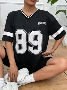 SHEIN LUNE 字母图案条纹饰边落肩 T 恤 图案 T 恤 女式上衣 - 黑色 - 查看 5