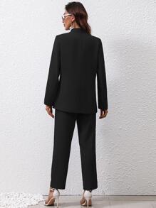 SHEIN Privé 素色開門襟西裝外套和褲子 - 黑色 - 查看 2