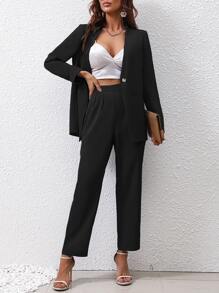 SHEIN Privé 素色開門襟西裝外套和褲子 - 黑色 - 查看 4