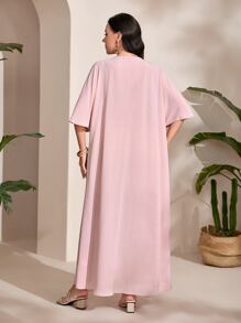 Modelyn Plus Embroidery Floral Pattern Contrast Tape Butterfly Sleeve Dress - Baby Pink - View 2