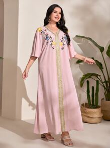 Modelyn Plus Embroidery Floral Pattern Contrast Tape Butterfly Sleeve Dress - Baby Pink - View 4