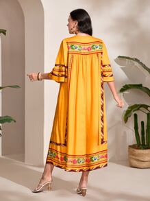 Al Najma 大碼印花缺口領荷葉袖連衣裙