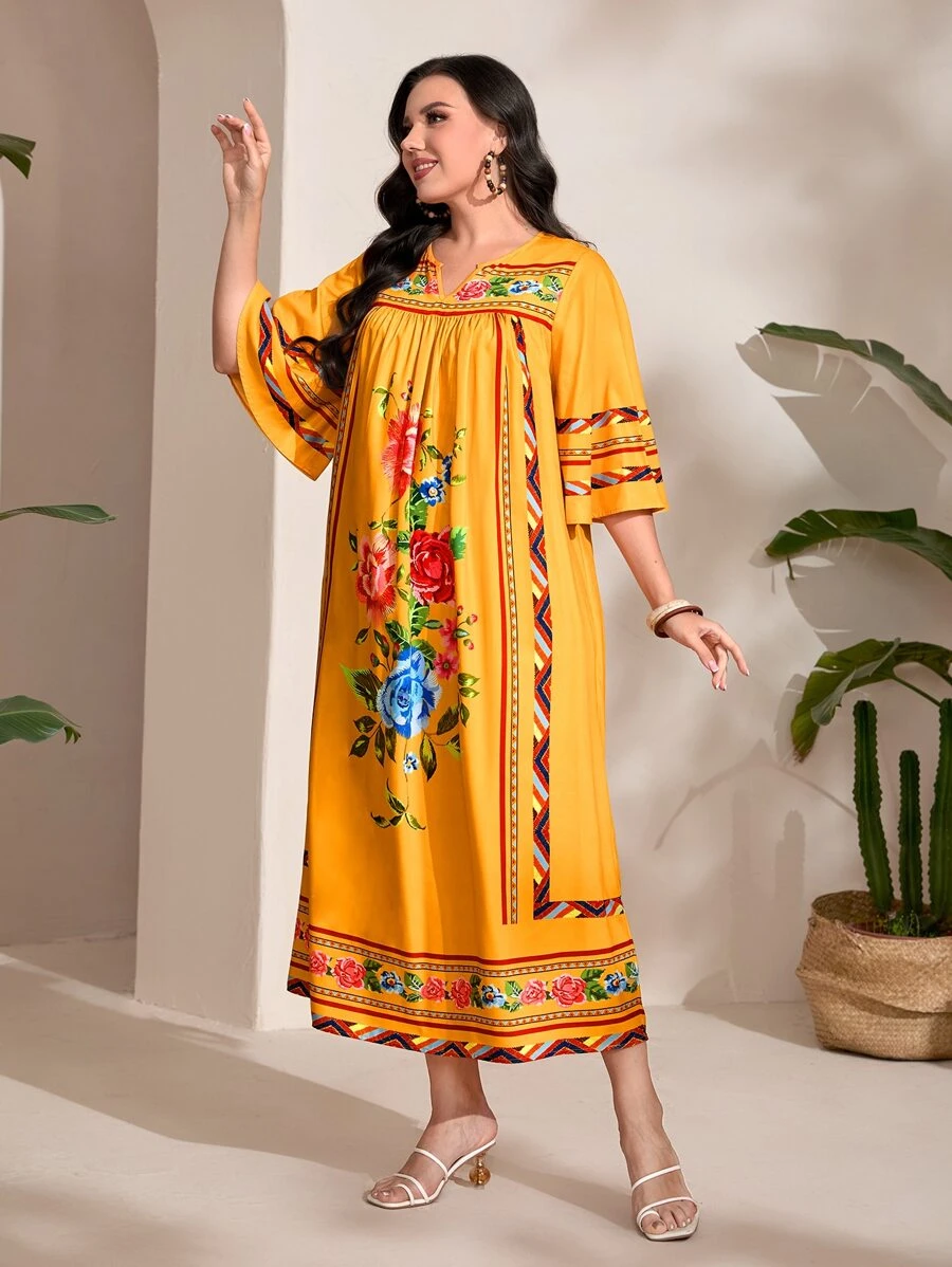 Al Najma 大碼印花缺口領荷葉袖連衣裙