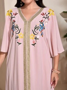 Modelyn Plus Embroidery Floral Pattern Contrast Tape Butterfly Sleeve Dress - Baby Pink - View 6