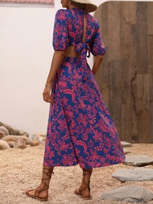 Breezaya Vestito lungo da vacanza per spiaggia con stampa integrale, vita tagliata, maniche a palloncino, per donne