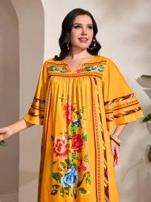 Al Najma 大碼印花缺口領荷葉袖連衣裙