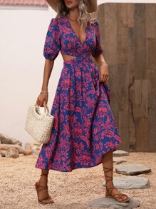 Breezaya Vestito lungo da vacanza per spiaggia con stampa integrale, vita tagliata, maniche a palloncino, per donne