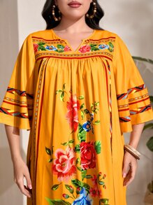 Al Najma 大碼印花缺口領荷葉袖連衣裙