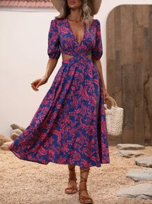 Breezaya Vestito lungo da vacanza per spiaggia con stampa integrale, vita tagliata, maniche a palloncino, per donne