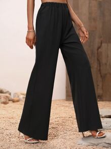 SHEIN LUNE Solid Elastic Waist Flare Leg Trousers - Black - View 4