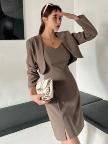 DAZY Solid Cami Dress & Open Front Blazer - Mocha Brown - View 7